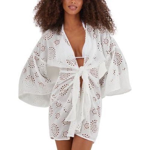 Women's White Eyelet Tie-Front Swim Coverup